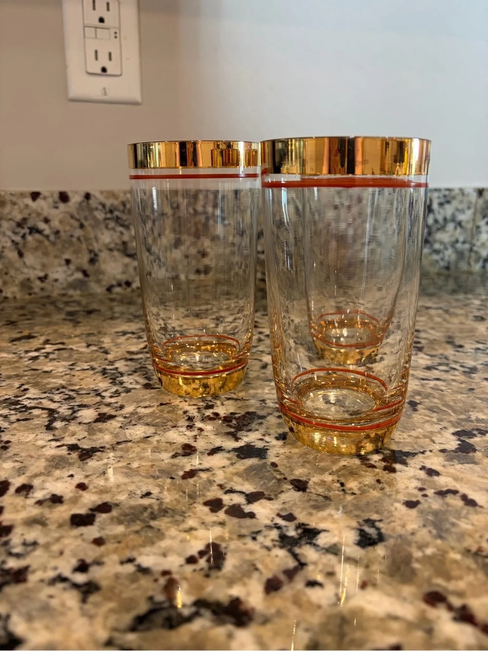 Vintage Mid-Century Modern clear glass highball tumblers gold accents